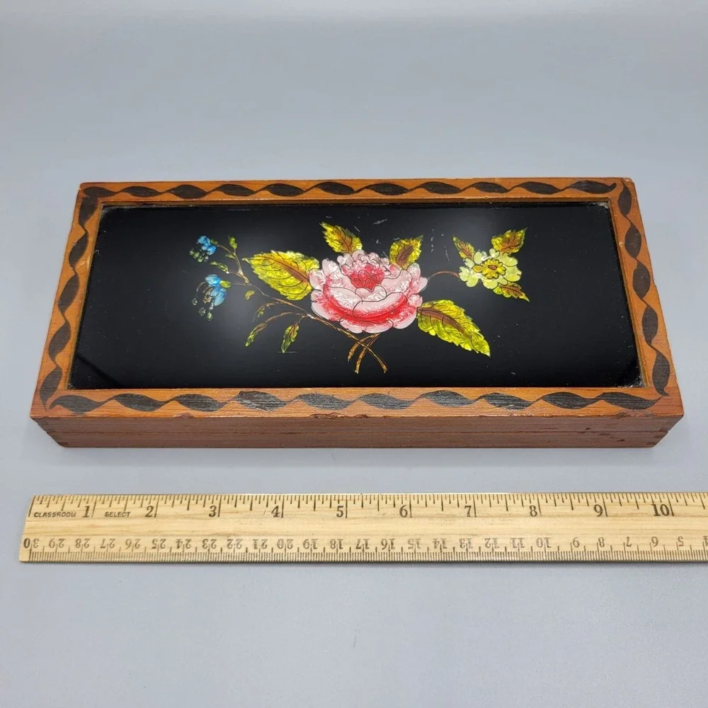 Vintage Handcrafted Box Glass Floral Reverse Painting Top Colorful Hinged